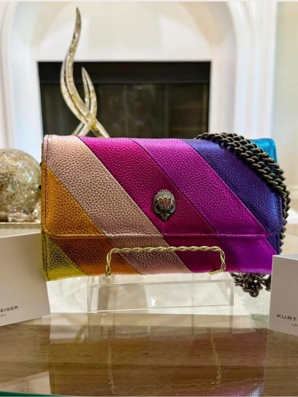 Kurt Geiger Metallic Multi-Stripe Leather Shoulder Bag - Pink, Gold, Yellow